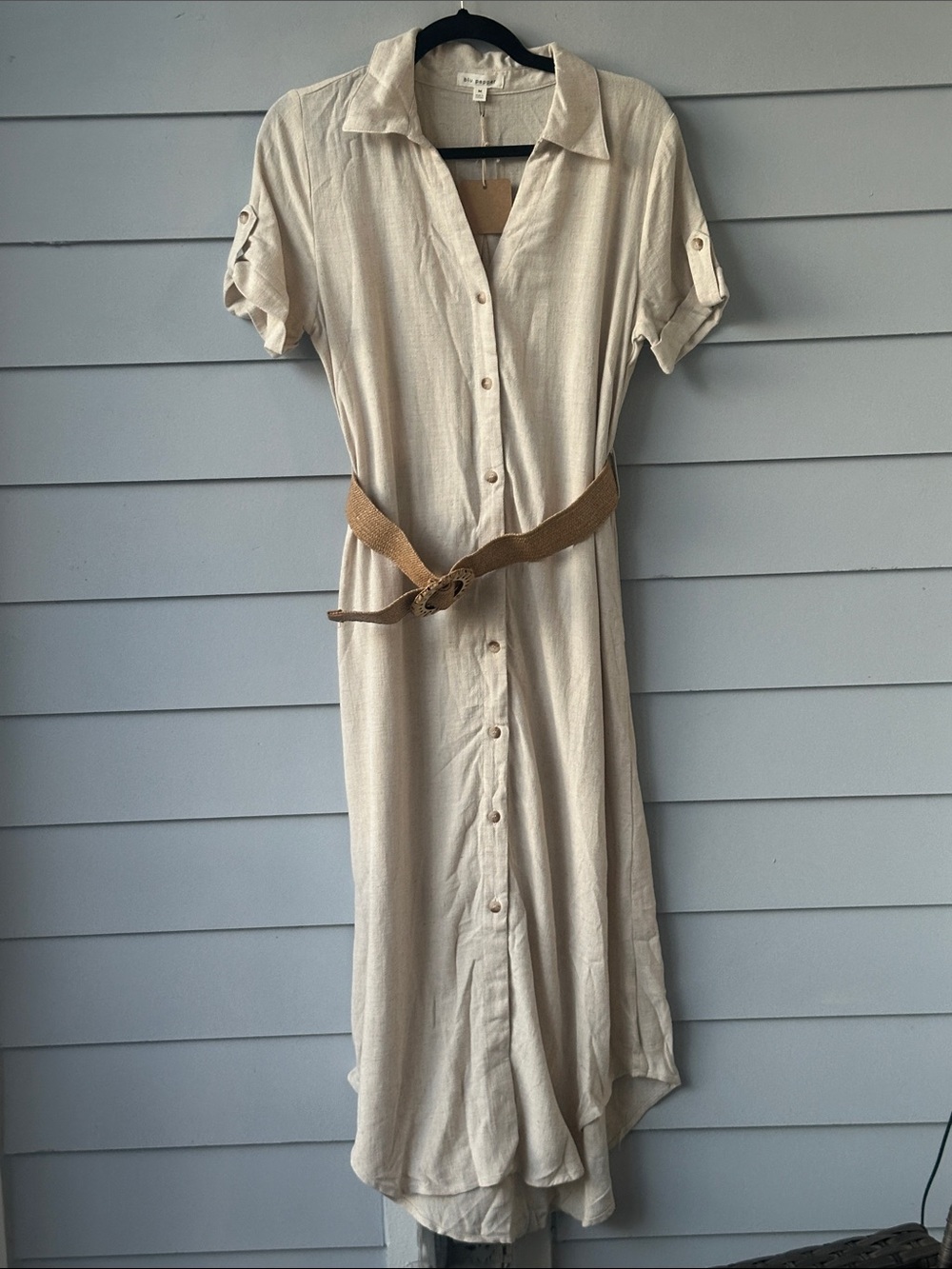 NWT Blu Pepper Tan Button-Front Maxi Shirt Dress with Belt